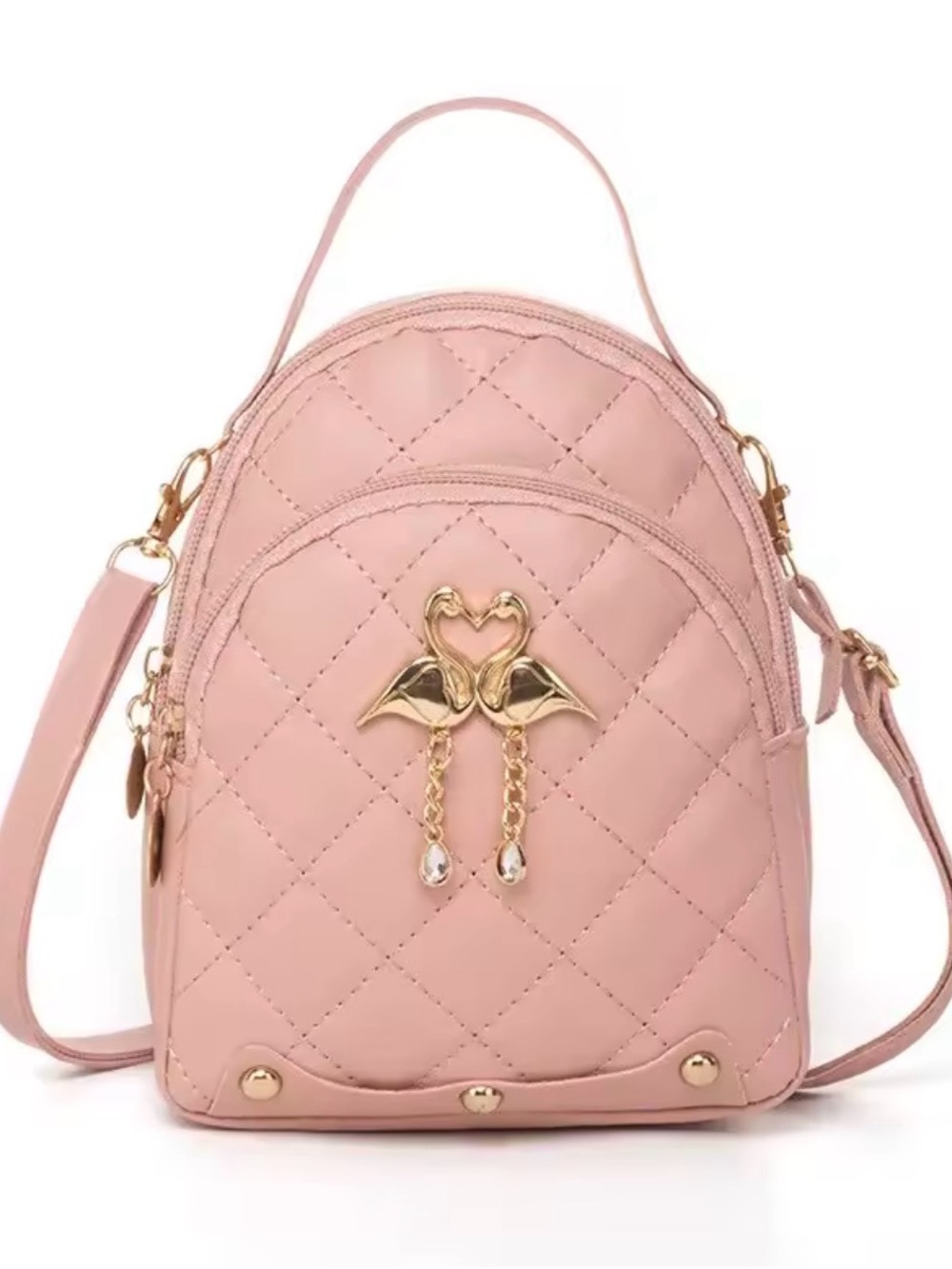 Pink Quilted Mini Backpack with Gold Flamingo Accent